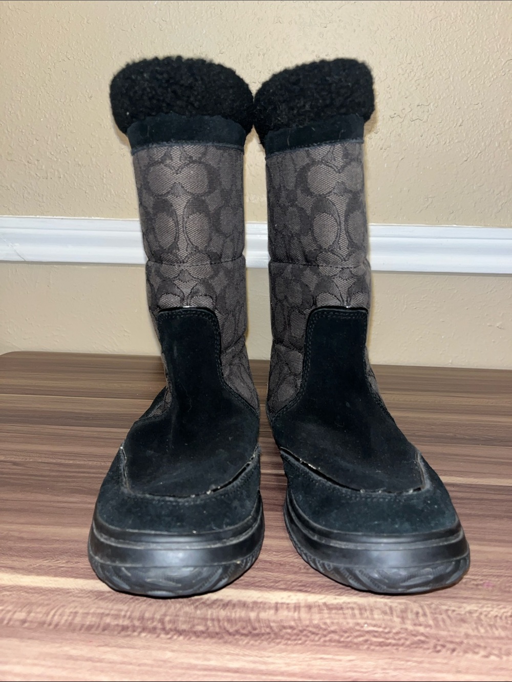 Coach Black and Gray Monogram Shearling-Trim Tall Winter Boots